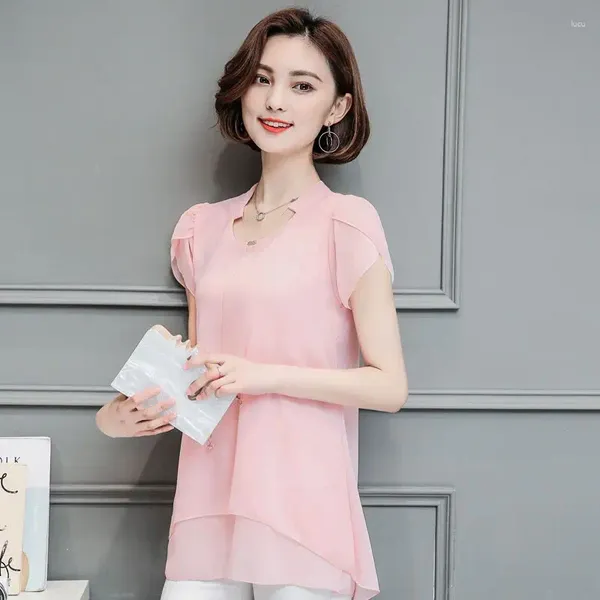 Blouses pour femmes Style étranger mère chemise en mousseline de soie femme été moyen Long bas ample Blouse couverture ventre à manches courtes petit