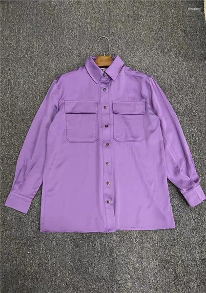Chemisiers pour femmes, commerce extérieur, chemise simple originale, grande poche, manches longues, ample, décontracté, revers, violet, mode