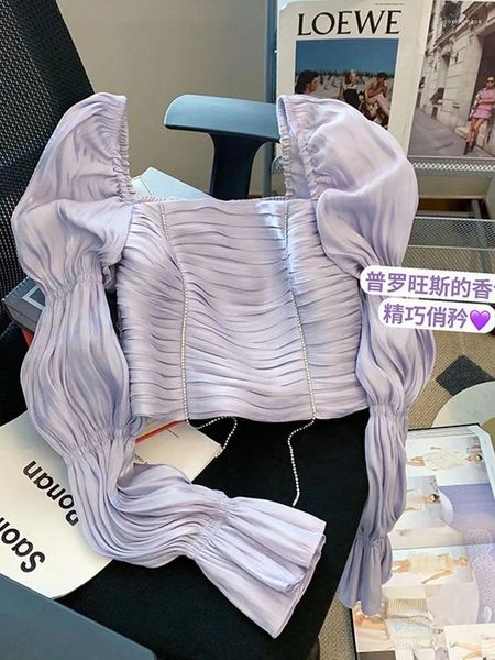 Blusas para mujeres Ocasión formal Forma Púrpura Top manga de la manga de la oficina de verano Lady Sweet Square Collar Camisas Streetwear Coreana