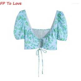 Women's Blouses FP To Love Women's Summer Slim Sexy Lace-Up Puff Sleeve V-Neck Shirt Green Flower Print Hollow Out Navel Crashed Top