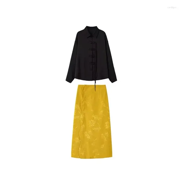 Blouses pour femmes Français Col Noir Coréen Dame Douce Bandage Chemises Exquises Simple Boutonnage Streetwear Jupe Jaune Ensemble Deux Pièces