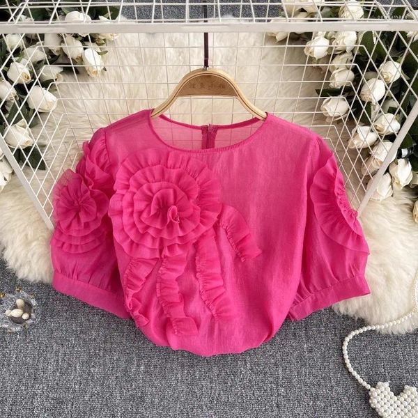 Blouses pour femmes Français Chic 3D Fleur 3D pour femmes Brousse de couleur solide