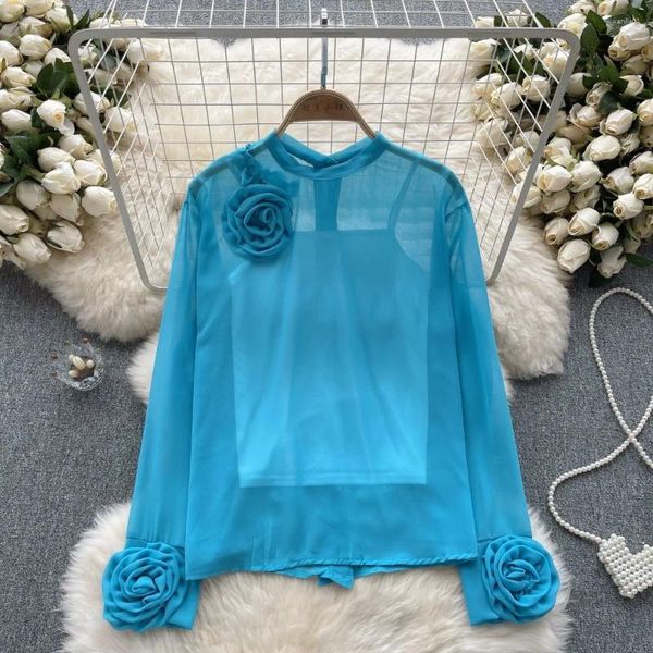 Blusas de mujer estilo francés 3D flores cuello redondo manga larga abombada Blusa de gasa femenina tirantes finos dulce camiseta sin mangas para mujer Drop