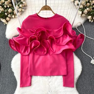 Blouses femme français Chic automne femmes hauts col rond manches longues volants femme Blusas De Mujer élégant dames Streetwear goutte