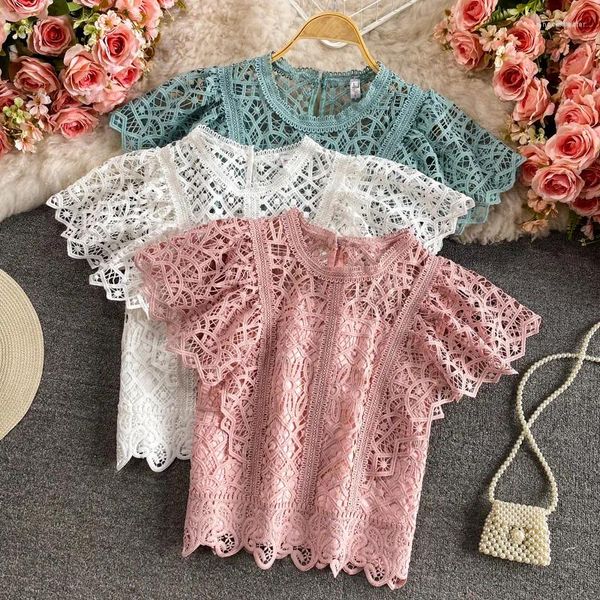 Blouses Femmes Français Chic Crochet Femmes Tops Creux Out O-Cou Manches Volantes Femme Blusas De Mujer Dames Été Élégant Dropship