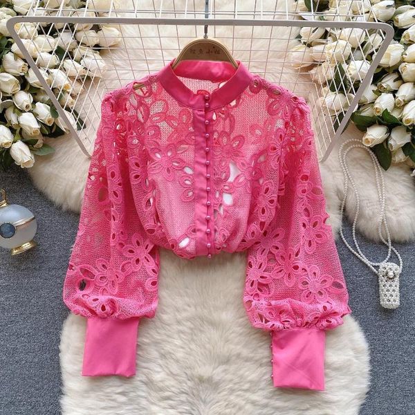 Blouses Femmes Français Chic Chemisier Élégant Femmes Spaghetti Sangle Débardeur Crochet Évider Femelle Longue Manches Bouffantes Blusas Goutte