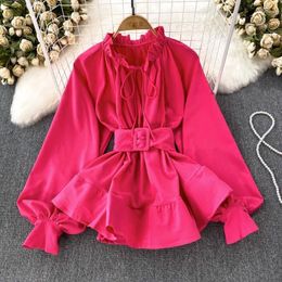 Blusas de mujer francés Chic elegante Blusen Damen 2024 con cordones cinturón pliegues blusa Sexy camisa mujer ajustado largo manga mujer Dropship