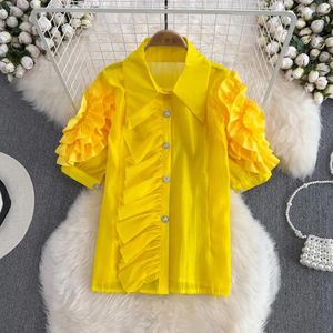 Damesblouses Franse chique overhemden voor dames Ronde kraag Lange pofmouwen 3D-bloemen Volantrand Revers Enkele blouse Herfst Tops