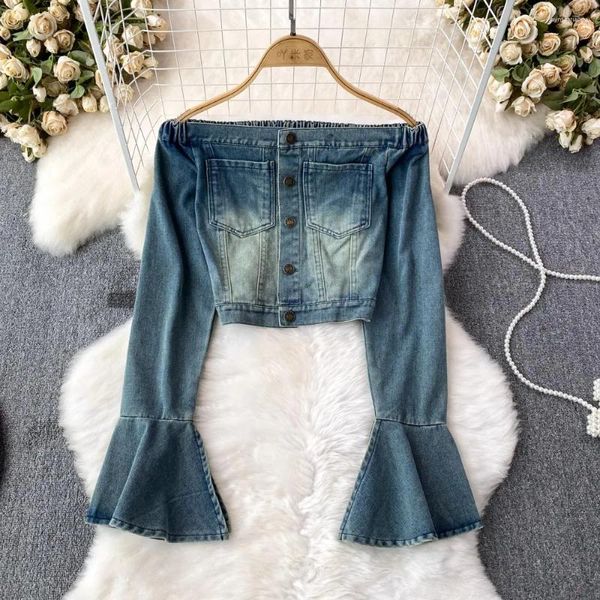 Blouses Femmes Français Chic Chemises Pour Femmes Denim Slash Cou Revers Simple Longue Manches Flare Nu Midriff Blouse Automne Femme Tops Drop