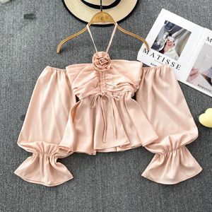 Blusas De Mujer Blusas De Mujer francesas elegantes con cuello Halter y hombros descubiertos blusa Floral 3D para Mujer blusas recortadas con mangas abullonadas para Mujer