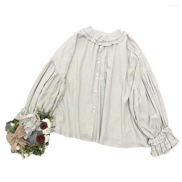 Blouses pour femmes Style Court français coton et lin chemise épaisse Mori fille douce double couche col à volants chemisier plissé haut pour femme Mujer