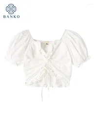 Blouses de femmes Français élégance Fashion Blanc Pouffle Ve Velles Velles Sweet Sexy Shirring Tops Y2k Tendance d'été Mme Chiffon Backless Shirts