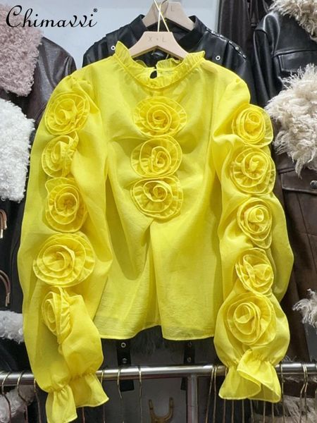 Blusas para mujeres Flores de moda francesa Rose Camisa amarilla de manga larga para mujeres 2024 Ropa de primavera Dulce Fisil Tops elegantes