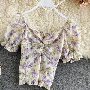 Damesblouses Franse bloemen chiffon korte shirts 2023 zomer mode vrouwen bloemenprint v-neck geplooide blouse puff mouw casual tops