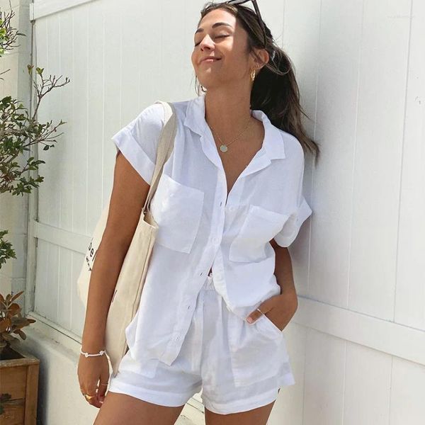 Blouses pour femmes Style de vacances français Costume de loisirs 2023 Mode d'été Femmes Chemise à manches courtes Shorts en gros coton lin