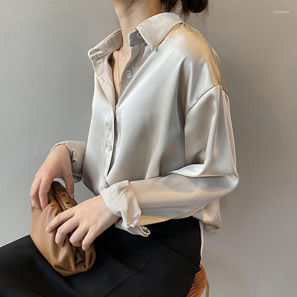 Blouses Femmes Français Bureau Dames Chemise élégante Automne Soie Femmes Vêtements Vintage Manches Longues Tops Mode Lâche Chic Plus Taille