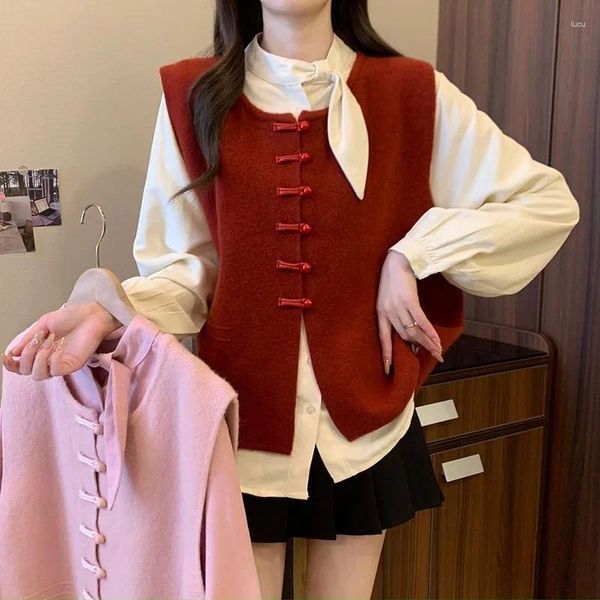 Blouses pour femmes French Shirt Chinois Vest Two-Piece Set Femme Fashion Lace Up O Neck Solid Single Breasted Sweet College Spring Lady