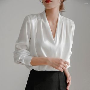 Women's Blouses Frans Satin White Dark Blue Shirt Women 2023 Fashion Blouse lange mouw V-Neck Temperament Office Lady Business Women Tops