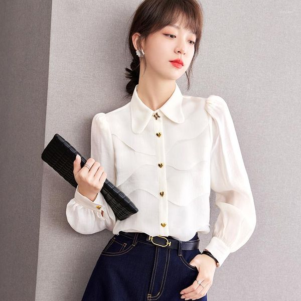 Blusas de mujer Estilo francés Camisa de vestir de albaricoque Tops de mujer Primavera Otoño Elegante Manga larga Dulce Slim Fit Casual Office Lady C2358