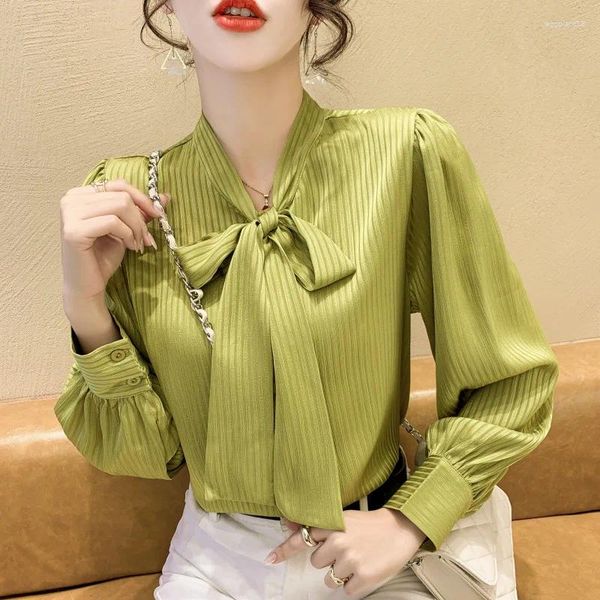 Blusas de mujer estilo francés blusa de gasa mujer 2023 verano otoño verde pajarita Tops elegante manga larga suelta para dama de oficina