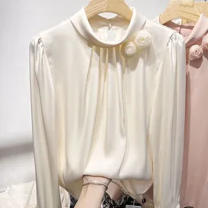 Blouses pour femmes Style français élégant plis chemise femme vêtements élégant Floral tridimensionnel décoration printemps automne col montant