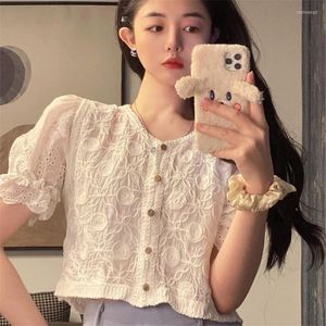 Blouses voor dames Franse stijl Elegant shirt zomer puff puff mouw crop top vrouwen met een katoenen blouse Koreaanse kleren met enkele borsten