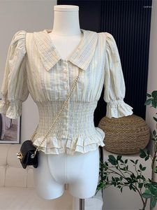 Damesblouses Franse stijl Retro Hartprintontwerp Damesoverhemd Revers Geplooid Enkele rij knopen Slank Ruche Vrouwelijk Vintage Elegantie