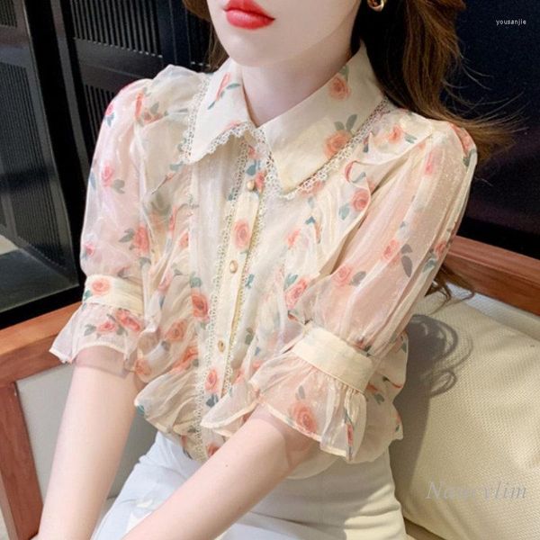 Chemises de style français pour femmes et chemise de mousseline à manches courtes à manches courtes pour femmes Summer 2023 Ruffle Top Beautiful Print Blusas