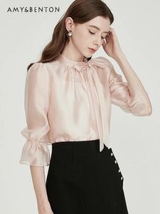 Blouses pour femmes Tempérament de style français Collier de support rose Blouse Femme Summer Salle Bell Soldage Labré Shirt Office Lady Camisas