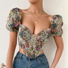 Vrouwen Blouses Franse Stijl Vintage Corset Tops Vrouwen Blouse Sexy Bloemen Bustier Crop Top Tank Lace Up Bloem Hemdje Shaper Streetwear