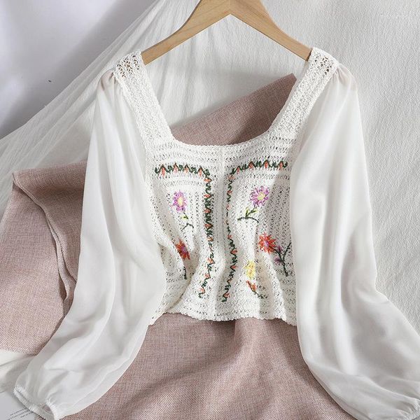 Blouses Femmes Style français Femmes Blouse Floral Coton Ligne À Manches Longues Automne Haut D'été Bouton Lâche Blusas Ropa De Mujer