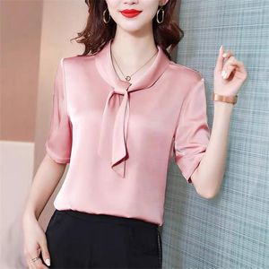 Blouses voor dames Franse zoete elegant kantoor veter sjaal kraag halve mouw satijnen merk kwaliteit luxe dames ijs zijden shirt roze wit wit wit