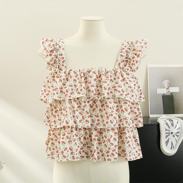 Blusas de mujer Blusa floral dulce francesa Mujer Verano 2023 Diseño Chic Ruffle Casual Sin mangas Tops cortos Ropa