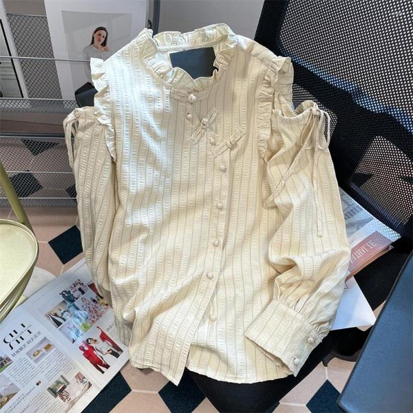 Blusas de mujer Camisa con botones de disco a rayas irregulares únicas francesas para mujer Blusa holgada de manga larga con borde con volantes de otoño