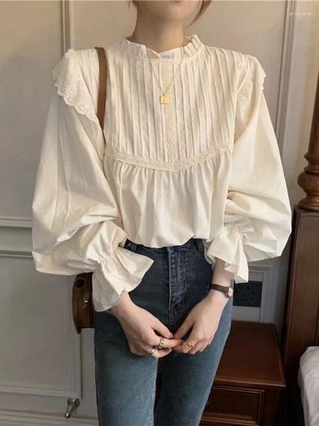 Blouses Femmes Français Vintage Lolita Chemise Femmes Élégantes Dentelle À Volants Manches Longues À Manches Longues Maiden Casual Preppy Style Mignon