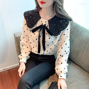 Women's Blouses Franse vintage polka dot doll kraag chiffon shirt 2023 lente herfst lange mouwen boogkantoor dame kleding