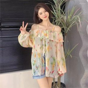 Damesblouses Frans vintage sexy off-shoulder top mode casual chiffon tops zomer dames spaghettibandje vest bloemenprint