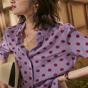 Blusas de mujer Camisa con estampado de puntos ondulados franceses blusa OL suave púrpura de manga larga para primavera y otoño