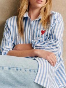 Blouses voor dames Franse vrouwen blauw gestreepte blouse afslaan kraag dames dames met één borsten met lange mouwen rode print casual shirt en top