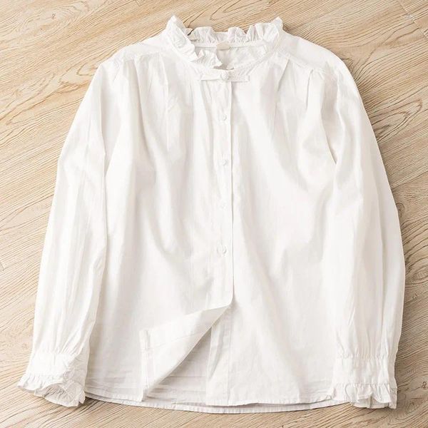 Blusas para mujeres Mujeres francesas Retro Ruffles Collar Disco Botón Camisa de algodón de algodón blanco Camisa Bottomal linda lolita blusas Mujer de moda