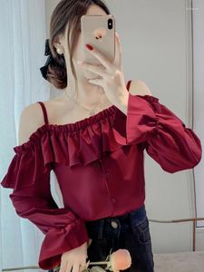 Blouses Femmes Français Femmes Spaghetti Sangle Chemises En Mousseline De Soie Printemps Couleur Unie Hors Épaule Blouse Tops Loisirs Tout Assorti Dames Tees