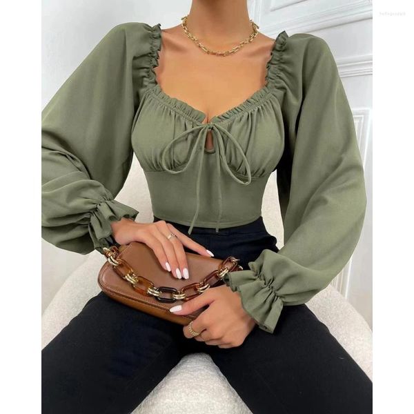 Blouses pour femmes Foul en V-cou de détail attaché le cou de conception de manche de lanterne Long Shirts de la mode de la chouteuse décontractée solide Solide printemps d'été