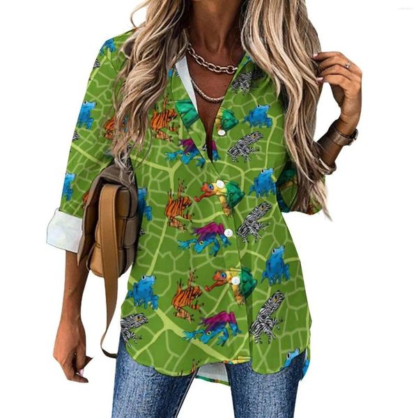 Blouses Femmes Frog Guide Blouse Femmes Six Raibow Frogs Street Wear Lâche Été À Manches Longues Chemise Esthétique Design Top Grande Taille