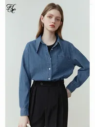 Blouses pour femmes FSLE Blue Denim Chemise décontractée solide Design Sense Petit français Grand col pointu à manches longues pour femmes Office Lady