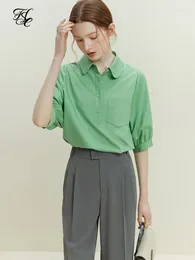 Blusas de mujer FSLE media manga Polo cuello mujer blusa sólida 2024 verano Casual Tops diseño de bolsillo Oficina señora Commuter camisa corta