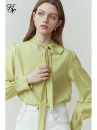 Damesblouses FSLE Koreaanse stijl opstaande kraag effen overhemd voor dames lente herfst dubbele slijtage striklint acetaatvezel vrouwelijk