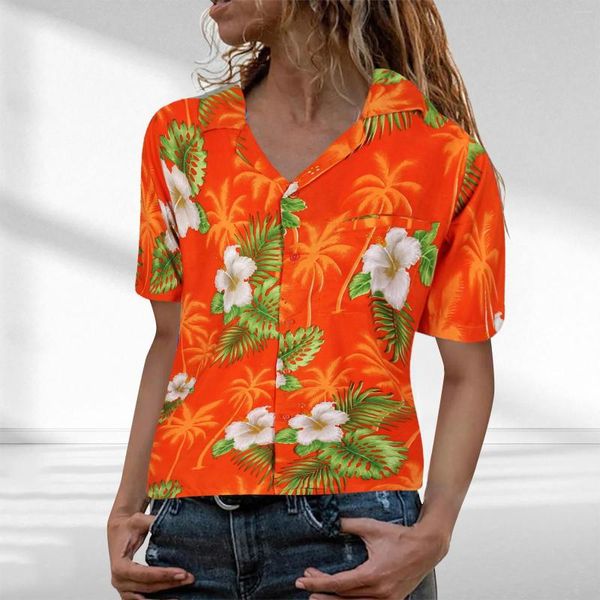 Chemisiers pour femmes Funky Hawaiian Shirt Blouse Frontpocket Leaves Flowers Palm Print Top Revers Button Up Vêtements pour femmes pour l'été 2023