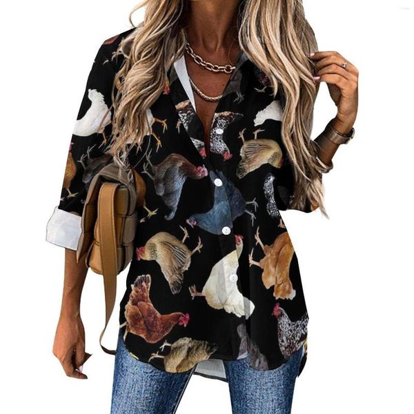 Blusas de mujer Blusa de pollo divertida Mujer Pollos lindos Clásico Suelto Verano Manga larga Camisas vintage Diseño Tops Tamaño grande