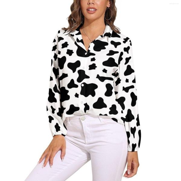 Blusas de mujer, blusa divertida de granja, estampado de vaca blanco y negro, camisa de estilo callejero estampada a la moda para mujer, Tops de manga larga de gran tamaño para otoño