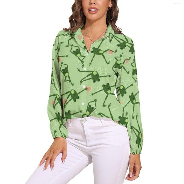 Blouses pour femmes Grenouille drôle faisant chemisier de yoga mignon vert Forgs conception jolie chemise de rue à manches longues pour femmes personnalisées hauts surdimensionnés